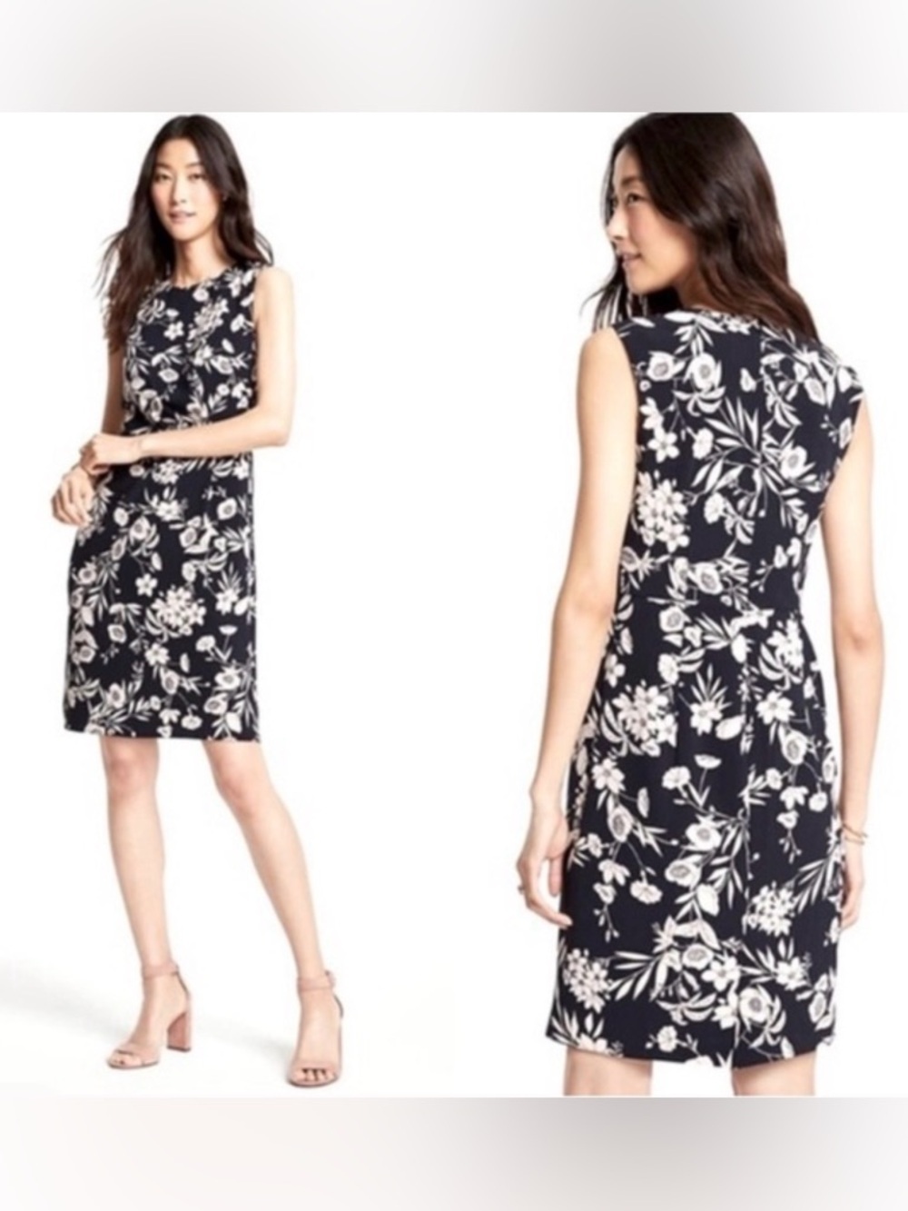 Ann Taylor Navy Floral Sheath Dress Size 0 Sleeveless Work Office Knee Length